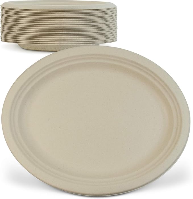 Green Earth, 12-Inch, 125-Count, Compostable Plates, Natural Bamboo Fibers, Everyday Tableware - Biodegradable Disposable Oval Shape Microwave-Safe Gluten-Free Eco-Friendly