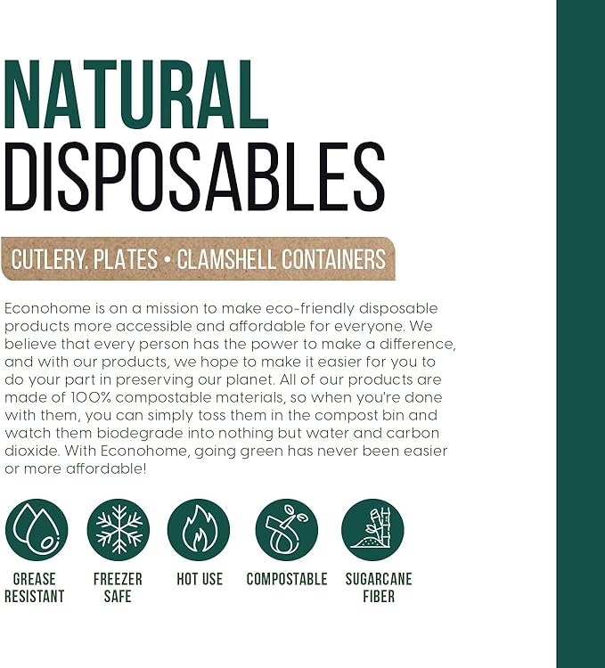EconoHome 10 Inch Compostable Paper Plates - Eco-Conscious Disposable Plates Made of Bagasse or Sugarcane Fiber - Microwave, Refrigerator-Safe - Heavy Duty Paper Plates for Dinner - Case of 500