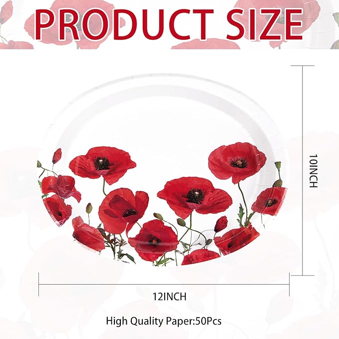 50Pcs Poppy Floral Oval Paper Plates 10" x 12" Large Disposable Heavy Duty Spring Poppies Dessert Platters Watercolor Red Flowers Dinner Plates for Seasonal Bridal Shower Tea Garden Party Supplies