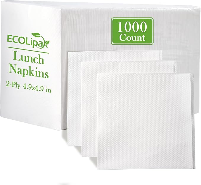 ECOLipak Lunch Napkins Bulk, 1000 Count Everyday Paper Napkins, 4.9×4.9 Inch Folded, 2-Ply Soft And Absorbent for Dinner, Gathering, Bar, Restaurants(9.8×9.8 Inch Unfolded)