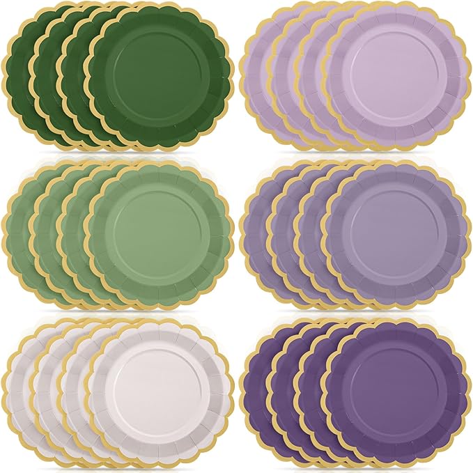 96 Pcs Sage Green Purple Paper Plates 9 Inch Lavender Scalloped Paper Disposable Dinner Dessert Plates for Birthday Wedding Bridal Party Supplies, 6 Colors