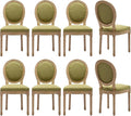 Vintage French Dining Chairs Set of 8, Round Back Upholstered Accent Chairs in Linen Fabric with Solid Wood Frame, Farmhouse Sillas de Comedor for Dining Room & Kitchen, Olive Green