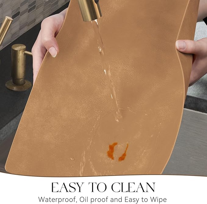 MOSAYT Vinyl Placemats Set of 6-12 X 17 Inch - Faux Leather 100% Waterproof Oil-Proof Wipeable PU Place Mats, Heat Resistant Reversible Table Mats for Kitchen, Dining, Outdoor (Camel)