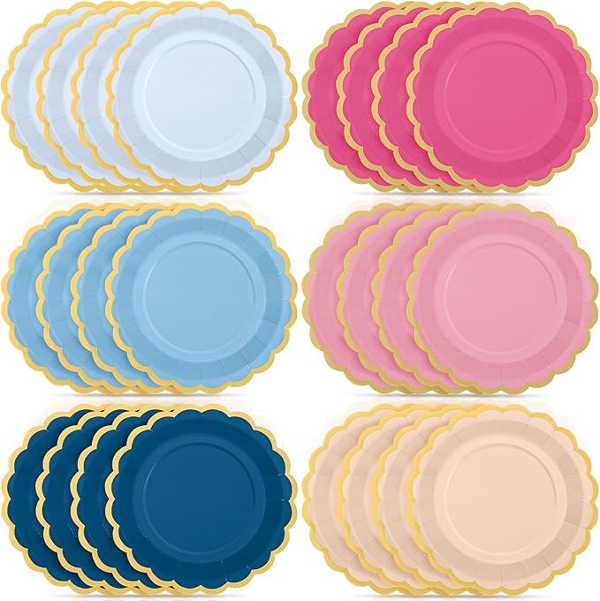 48 Pcs Pink Navy Blue Paper Plates 9 Inch Gradient Scalloped Paper Plates Disposable Dinner Dessert for Birthday Wedding Bridal Party Supplies, 6 Colors