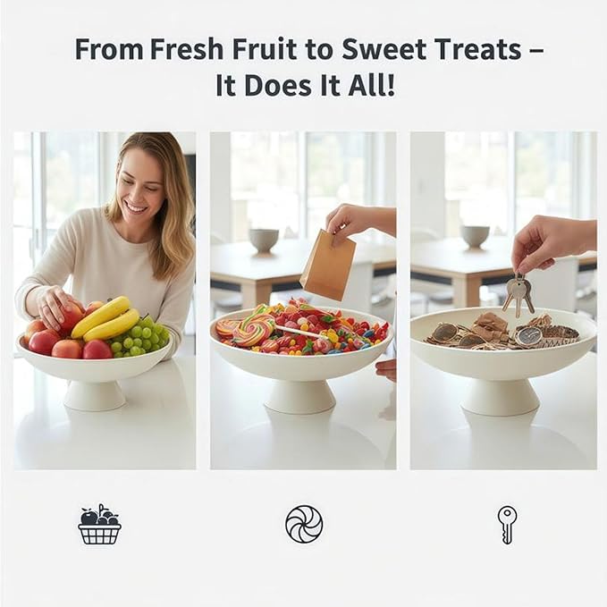 12" White Concrete Fruit Bowl - Modern Minimalist Concrete Decorative Bowl for Kitchen Counter, Living Room Coffee Table Storage