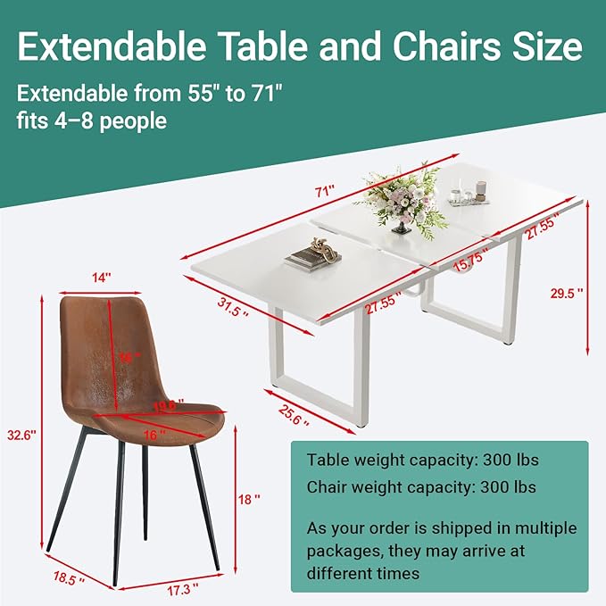 Extendable Dining Table Set for 4, 55"–71" Modern White Kitchen Table with 4 Upholstered Chairs, Space-Saving for Living Room Apartment, Sturdy & Comfortable, Easy Assembly