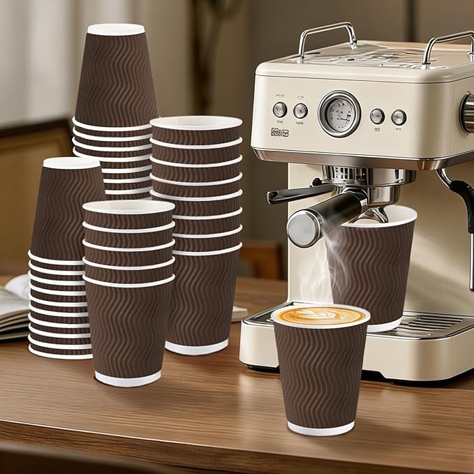 120 Pack 10 oz Coffee Cups, Disposable Corrugated Insulated Ripple Wall Paper Coffee Cups 12oz for Hot or Cold Drinks Office Home Cafe Party Travel (Brown)