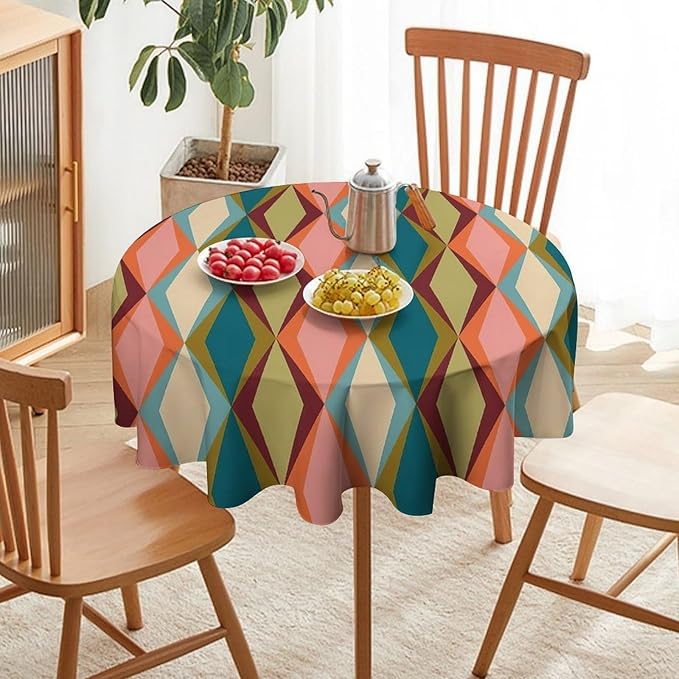 Abstract Geometric Boho Round Tablecloth, Retro Modern Mid Century Tablecloth for Home Party Dining Room Kitchen Decor 50Inch(127cm)