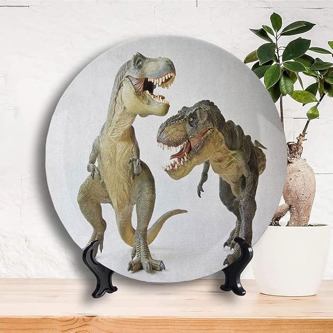 Ceramic Display Plate, Dinosaur Ceramic Hanging Decorative Plate, Tyrannosaurus Rex Pair Facing Off Ferocious Creatures, 7 Inch, Living Room Kitchen Decoration Household, Ivory Brown Grey