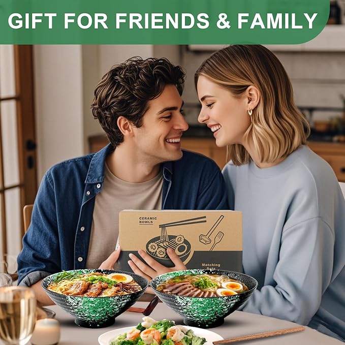 9.4Inch Ceramic Ramen Bowl Set of 2 (9 Piece) - Porcelain Japanese Salad Noodles Cereal Fruit Pasta Soup Large Bowls with Recipes Chopsticks Forks Spoons for Men Women Gift Microwave Dishwasher Safe