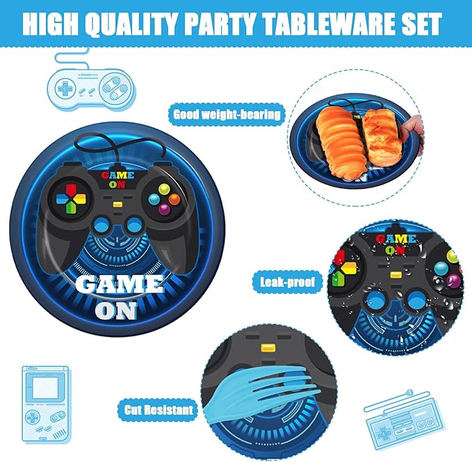 gisgfim 200 Pcs Video Game Party Favors Supplies Paper Plates and Napkins Gaming Birthday Party Decorations for Kids Gaming Serves 50