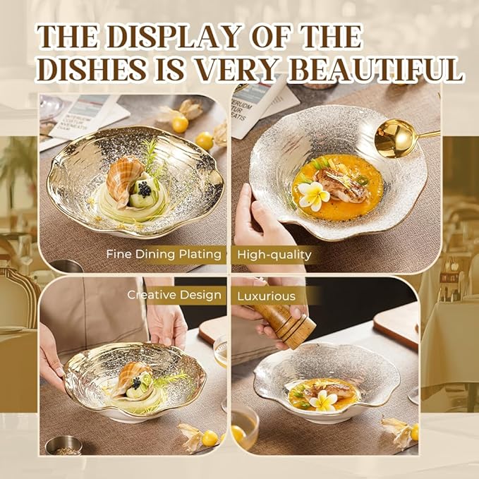 Salad Bowls of 4-8.5 Inch pasta bowl set，Decorative Ceramic Serving Bowl for Kitchen Counter, Versatile Dinnerware for Restaurant Plating & Home Dining(White with Golden)