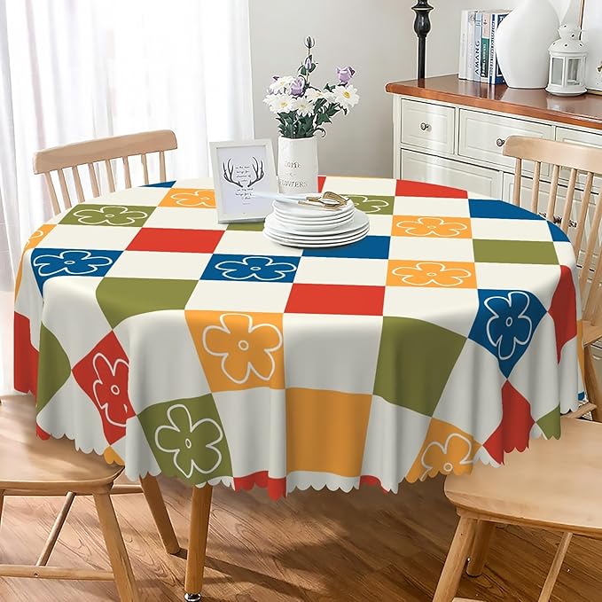Laeacco 36 Inch Plaid Round Tablecloth Colorful Buffalo Plaid Flower Modern Geometric Abstract Art Print Table Cloth Washable Waterproof Wrinkle Free Table Cover for Kitchen Dining Picnic Party Decor
