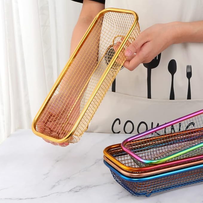 Kitchen Drawer Organizer, Stainless Steel Storage Container Rose Gold Metal Cabinet Storage Basket for Holding Silverware Kitchen Utensil, Pack of 2
