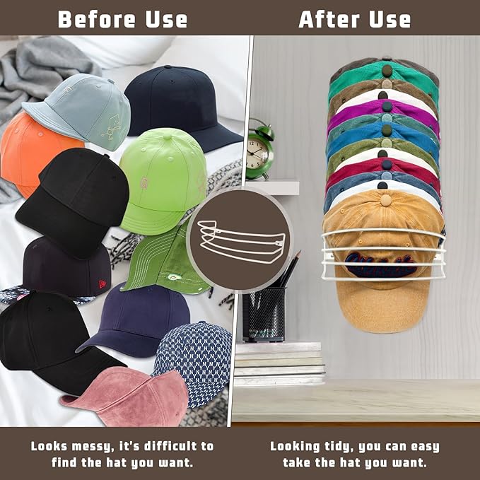 Hat Organizer for Baseball Caps, 2-Pack Beige White Metal Hat Rack Ball Cap Storage Organizer Hold Up to 30 Caps Hat Holder for Wall Door Closet, Wall Mounted & Adhesive Installation Option