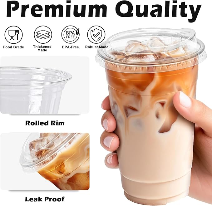 24 oz 50 Pack Clear Plastic Cups with Lids, Sturdy Iced Coffee Cups with Sip Lids, Disposable Food Safe Smoothie Cup for Cold Drinks, Juice, Milkshake