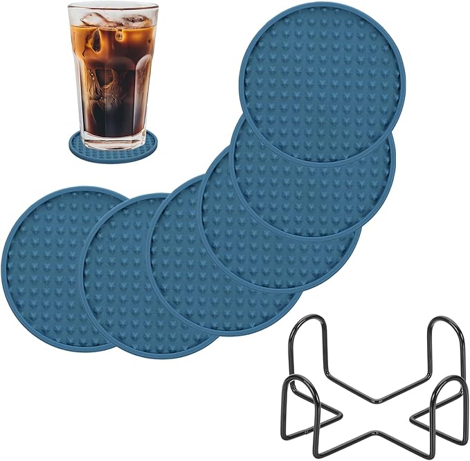 uxcell Set of 6 Round Drink Coasters with Holder, 4" Silicone Coaster for Drinks Non-Slip Cup Coaster Heat Resistant Glass Cushion for Bar Kitchen Office Decor, Navy Blue(Pentagon)