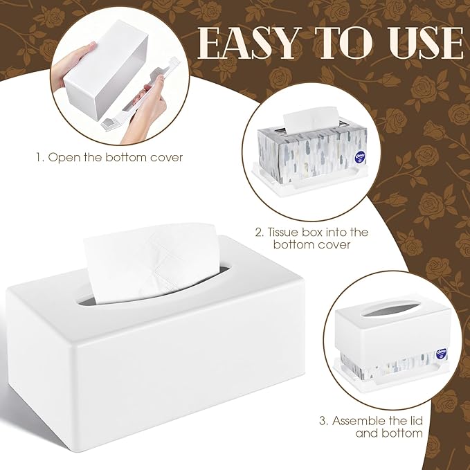 Tissue Box Cover, Rectangular Facial Tissue Holder with Bottom, Decorative Storage Box for Bathroom Vanity, Countertops, Dressers, Night Stand, Car, RV, Parlors and Offices - White