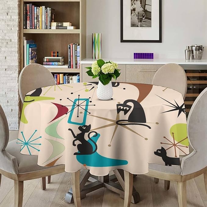 Mid Century Black Cat Round Tablecloth, Bohemian Modern Colorful Abstract Geometric Retro Art Bohemian Tablecloth for Home Party Dining Room Kitchen Decor 50Inch(127cm)