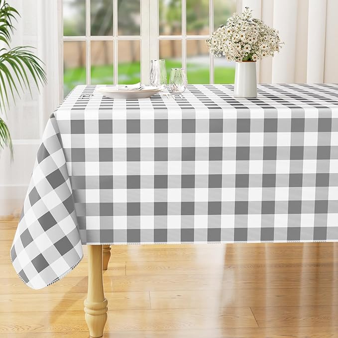 misaya Square Waterproof Vinyl Table Cloth, Buffalo Flannel Backed Tablecloth, Wipeable Plastic Table Cover for Dinner, Kitchen, Outdoor (54" x 54", Grey and White)