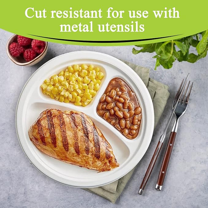 three leaf 10" 3 COMPARTMENT BAGASSE ROUND PLATE, 50 Ct. Heavy-Duty- Super Strong- Natural- Eco-Friendly Disposable Bagasse Plates, 100% Biodegradable 10 inch 3 compartment plates