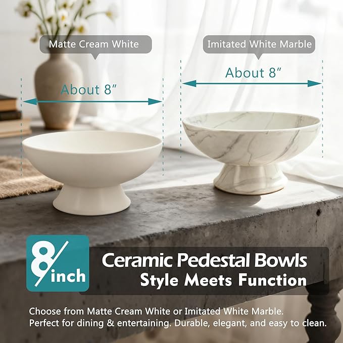 Accessoryway White Marble Texture Pedestal Decorative Bowl - Minimalist Decorative Fruit Bowl for Kitchen Counter, Entryway,Multi-Purpose Centerpiece bowl for Bread, Snacks, Candy-8"