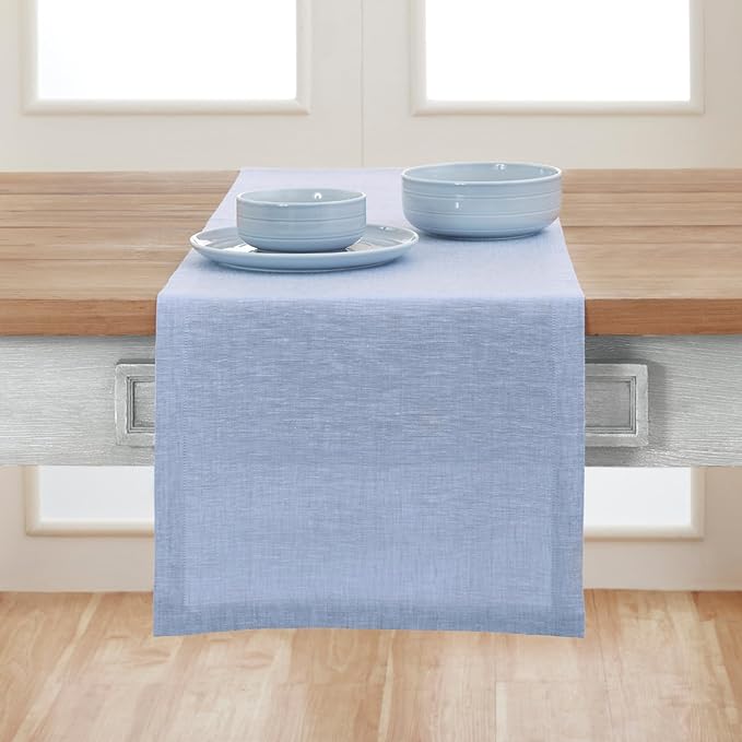 Solino Home Linen Table Runner 144 Inches Long - Athena, 100% Pure Linen Chambray Blue 14 x 144 Inch Table Runner for Dining, Spring, Easter