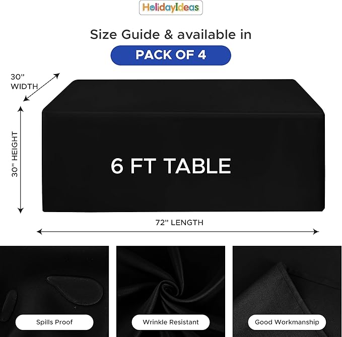 HolidayIdeas 4 Pcs Fitted Black Table Cloths for 6 Foot Rectangle Tables, Wrinkle Resistant Washable Table Covers 72x30 Inch for Vendor Booth Display, Banquet, Trade Show