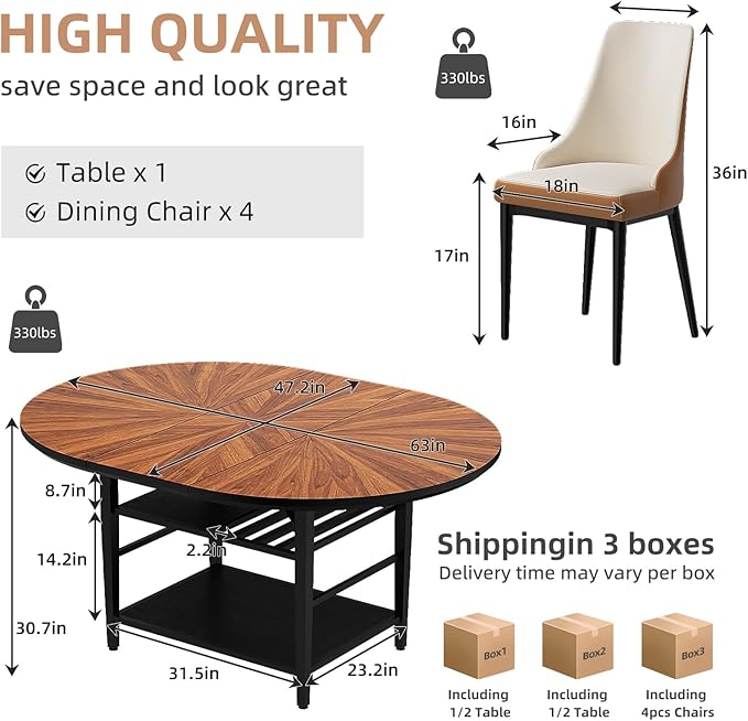 VFK 47.2"-63" Extendable Round Dining Table Set for 4–6, Solid Wood & Metal Table with Wine Rack Storage Shelf, Walnut Kitchen Furniture with 4 Upholstered Chairs (Storage Table and 4 Brown Chairs)