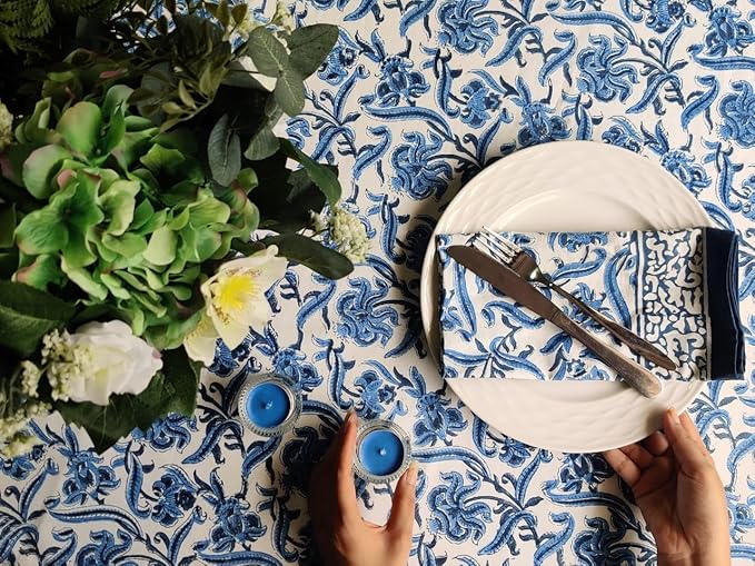 ATOSII Midnight Bloom 100% Cotton Spring Summer Tablecloth, Hand Block Print Rectangle Table Cover for Kitchen Dining Linen I Parties, Outdoors, Wedding, Easter I 72 X 108 Inches I 8 Seater