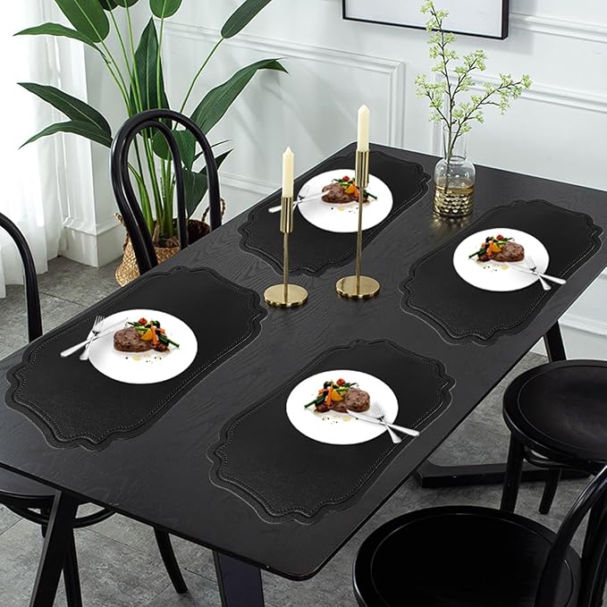 XINYUN Black Placemats Set of 6 Reversible Faux Leather Place Mat Wipeable Heat Resistant Non Slip Anti Oil Waterproof Eco-Friendly Table Mats Patio Placemats for Dining Table, Large