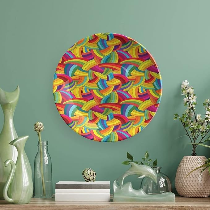 Decorative Plates, Abstract Decor Print Ornament, Colorful Rainbows Wheels Spiral Wavy Fashionable, 7 Inch, 1 Plate with 1 Display Stand, Multy