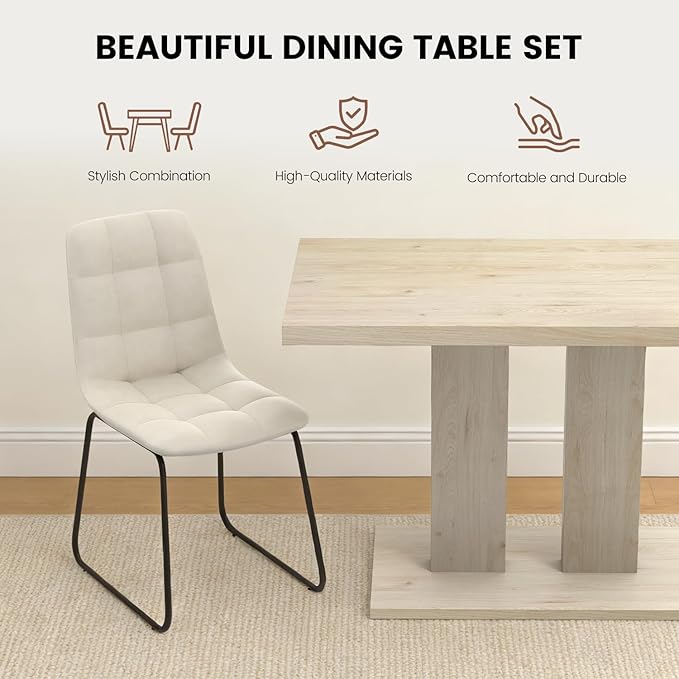 Modern 5-Piece Dining Table Set for 4, 46" Pedestal Dining Room Table with 4 Leather Chairs, Small Space Saving Kitchen Table Set, Natural Wood Finish Rectangle Table for Home & Apartment