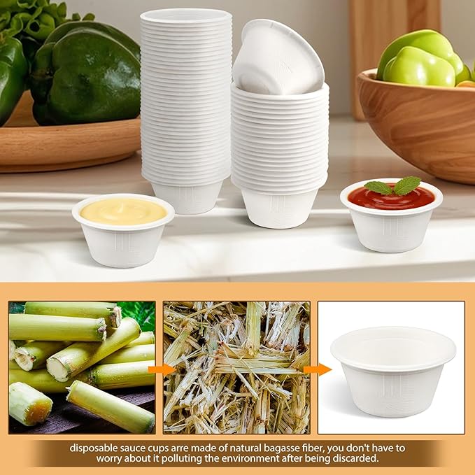 LeonBach 200 Pack 2oz Natural Sugarcane Paper Bowls, Compostable Paper Condiment Snack Sample Tasting Serving Cups Biodegradable Food Containers Small Dipping Cup, White
