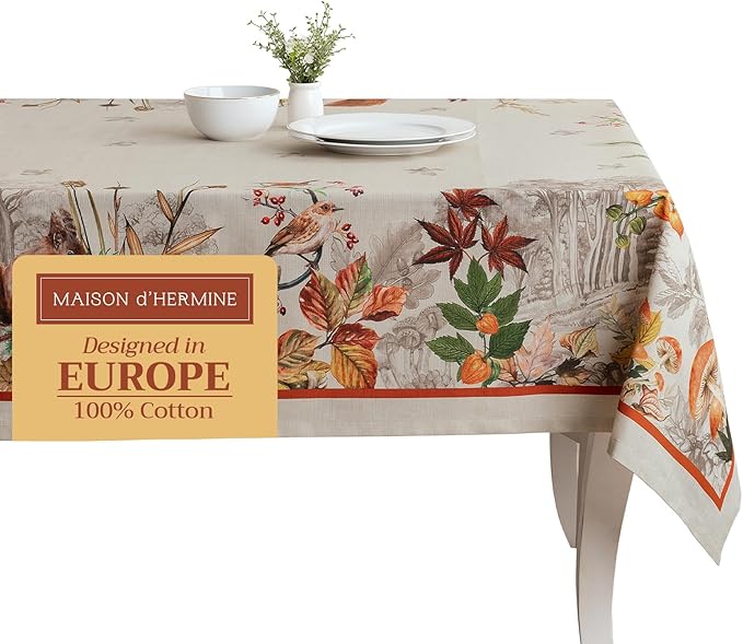 Maison d' Hermine Table Cloth Rectangle Table 100% Cotton 60 x 108 Inches Fall Tablecloth Reusable Everyday Use for Thanksgiving Christmas Decorations Dining Farmhouse Party (Recolte)