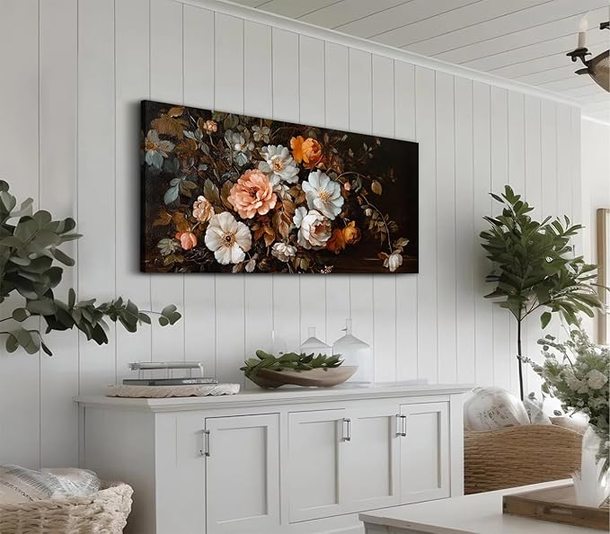 ADJUVANT Wall Art Vintage Floral Bouquet 40" L x 20" W, Old Fashioned Flowers Canvas Painting Romantic Artwork Classic Blooms Prints Botanic Wall Decor for Living Room Bedroom Dining Room Home Office