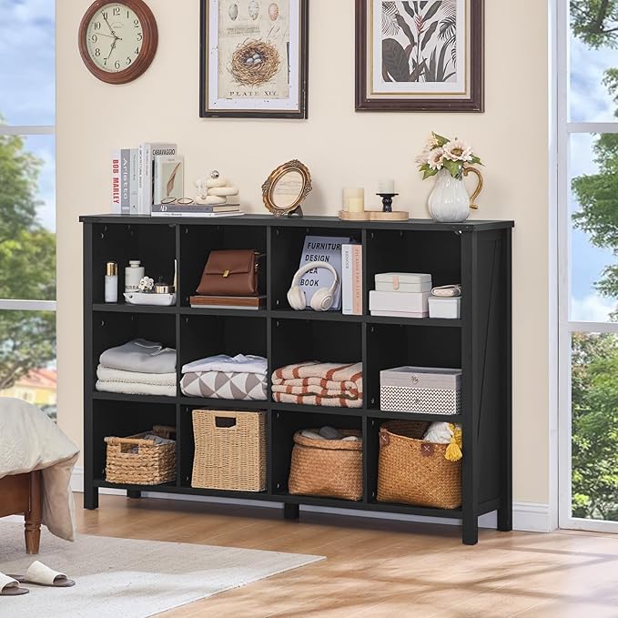 12 Cube Storage Organizer, Farmhouse 62 Inch Wide Black Oak Display Bookshelf, Wooden 3 Tier Large Open Book Shelf, Vintage Bookcase for Home Office, Cubby Cabinet for Living Room, Office