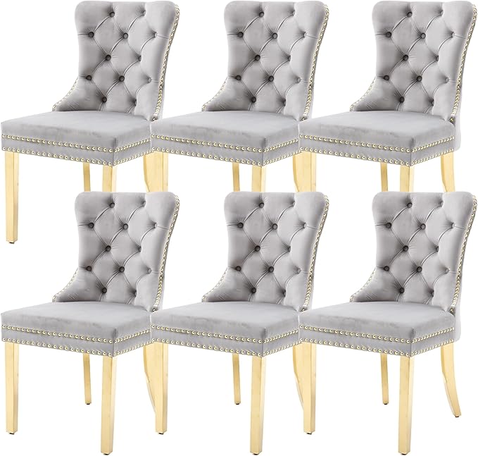 KCC Velvet Dining Chairs Set of 6, Upholstered High-end Tufted Dining Chair with Nailhead Back Ring Pull Trim Stainless Steel Legs, Contemporary Nikki Collection Modern Style for Kitchen, Light Gray
