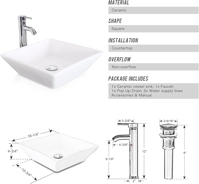 eclife Bathroom Ceramic Sink Bowl Classic White Square Porcelain Vessel Sink and Faucet Combo for Bathroom Countertop Bowl Sink & Chrome Pop Up Drain (A07)