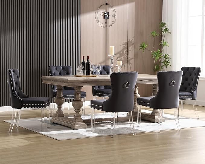 KCC Velvet Dining Chairs Set of 4, Upholstered Tufted Wingback Dining Room Chair with Nailhead Back Ring Pull Trim Solid Acrylic Legs, Contemporary Nikki Collection Style for Kitchen, Grey