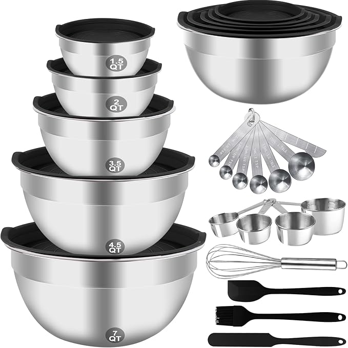 Mixing Bowls Set, 25PCS Stainless Steel Mixing Bowl with Lid Set, Large Nesting Bowls 7, 4.5, 3,2, 1.5QT, Measuring Cups and Spoons Baking Utensils Metal Bowl for Kitchen Prep