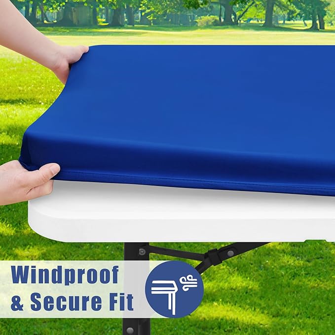 Spandex 8 Foot Rectangle Table Cloth 2 Pack, Elastic Fitted Tablecloths for Picnic, Stretch Washable Patio Table Cover for Outdoor, Camping, Banquet and Parties (Blue, 30"x96")