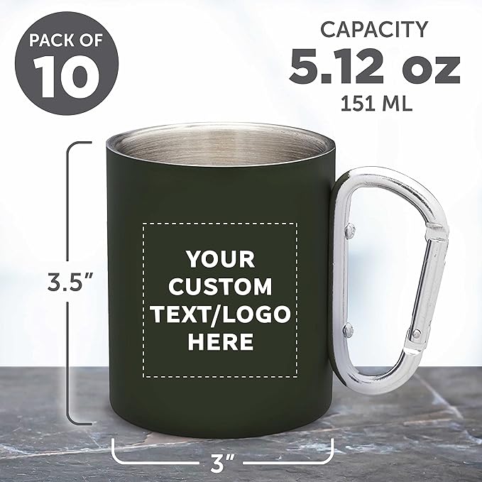 Custom Stainless Steel Mugs with Carabiner Handle 10 oz. Set of 10, Personalized Bulk Pack - Perfect for Coffee, Soda, Other Hot & Cold Beverages - Army Green