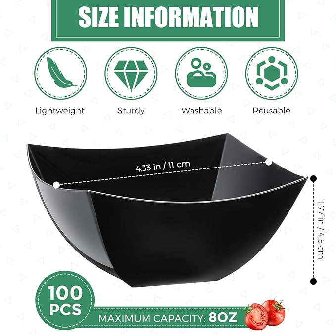 Sliner 100 Pcs Square Plastic Bowls 8 oz Plastic Serving Bowls Disposable Chip Containers for Parties Snack Fruit Candy Containers for Candy Buffet Salad Bar Buffet Party Supplies(Black)