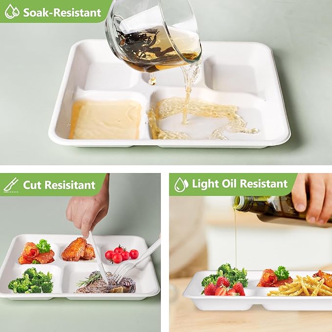 Compostable 5 Compartment Plates Disposable, 10.25 x 8.25 inch, [50-Pack] Heavy Duty Paper Plates with dividers, Sturdy School Lunch Trays, White Large Paper Dinner Plates for Buffet Party
