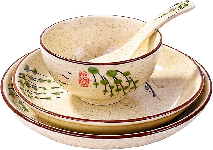 4-Piece Ceramic Dinnerware Set, Plate, Dish, Bowl, Spoon, Japanese Hand-painted Tableware set, A Good Tableware