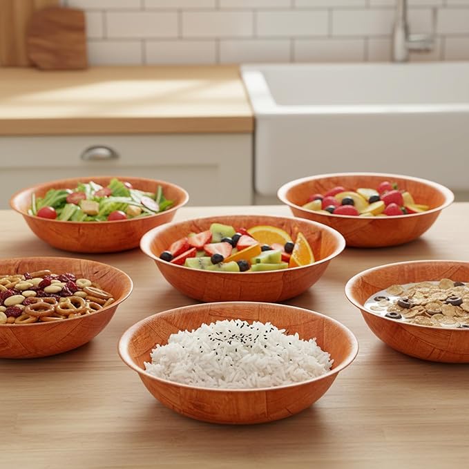 14-inch Wooden Serving Bowl, Set Of 6 | Round | Stackable | EZ To Wash | Great For Salads, Fruits, Snacks, And More [6PK]