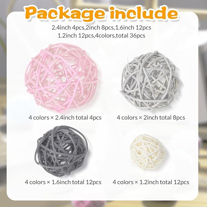 Patelai 36 Pcs Wicker Rattan Balls Decorative Balls for Vase Centerpiece Bowls Orbs Filler for Home Decor,4 Sizes(White, Pink, Light Grey, Dark Grey)
