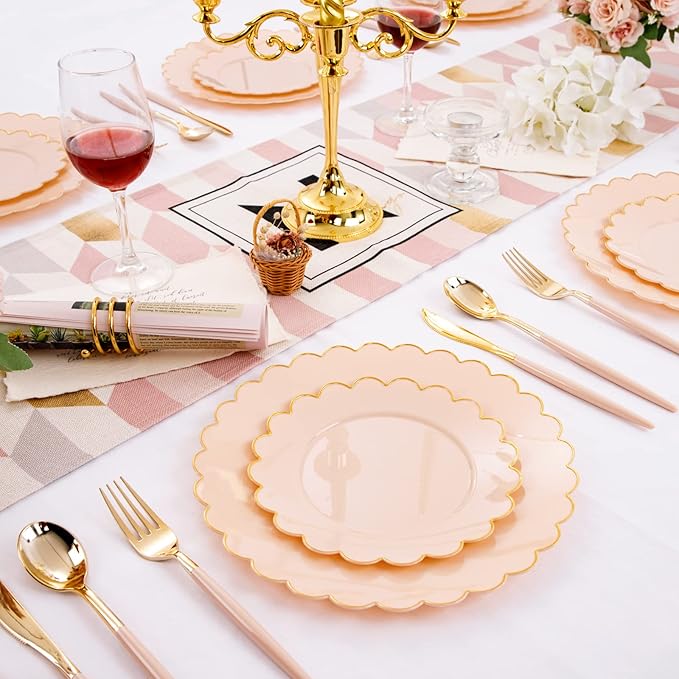 LIYH 60 Pcs Pink Plastic Plates with Gold Disposable Plates Includes: 30 Dinner 10.25" and 30 Dessert Plate 7.5" Gold Plastic Baby Shower Plate Set