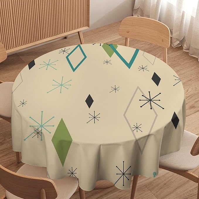 Colorful Middle Century Round Tablecloth, Vintage Bohemian Mid Century Modern Retro Print Tablecloth for Home Party Dining Room Kitchen Decor 50Inch(127cm)